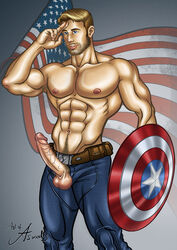 1boy abs actor american_flag armpits asmodis_(artist) biceps blonde_hair blue_eyes boner captain_america captain_america's_shield captain_america_(series) celebrity chris_evans erect_penis erection half-dressed hard_on human human_only in_character light-skinned_male light_skin male male/male male_only marvel marvel_cinematic_universe military muscular muscular_male pecs penis_out proud_of_his_cock saluting shield solo solo_male steve_rogers stubble topless topless_male uncut veiny_penis