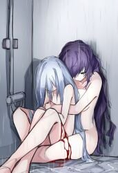 2girls asahina_mafuyu bleeding blood closed_eyes commentary completely_nude doomed_yuri english_commentary highres hug hug_from_behind knees_to_chest kyuort long_hair multiple_girls nude on_floor project_sekai purple_hair shared_shower shower_(place) showering sitting sitting_on_lap sitting_on_person very_long_hair water wet white_hair yoisaki_kanade