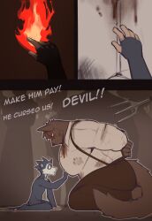 3_panel_comic absurd_res adrian_(king_slabu) american_opossum anthro background_character big_muscles big_pecs blood blood_from_mouth blood_in_mouth blood_on_arm blood_on_face bodily_fluids canid canine canis clothed clothed/nude clothing comic digital_media_(artwork) domestic_dog duo english_text exclamation_point hi_res huge_pecs king_slabu male mammal marsupial muscular muscular_anthro muscular_male nolan_(king_slabu) nude pecs pitchfork purple_eyes spirit tail text tools topwear virginia_opossum wounded