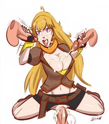 1girls 3boys big_breasts blonde_hair breasts cleavage clothed clothing cum cum_in_pussy cum_inside cum_on_breasts cumshot disembodied_penis dsan female handjob human male multiple_boys purple_eyes rooster_teeth rwby sex straight yang_xiao_long