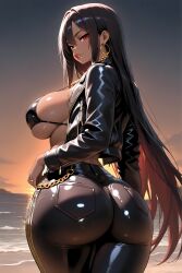 ai ai_generated anime beach beach_background behind_view big_ass big_breasts big_butt big_lips bimbo bimbo_body black_hair black_jacket black_jeans dark-skinned_female earrings female front_view gold_chain gold_jewelry hi_res high_quality hot_body lips looking_at_viewer looking_back mina_thai_woman necklace red_eyes seductive_eyes sexy sexy_body silicone silicone_implants standing thai thai_female thailand thick_thighs