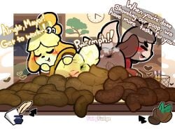 2026 alternate_version_at_source animal_crossing anthro anus artist_name ass backsack balls bell biped blush bottomless bottomless_female bottomless_male brother_(lore) brother_and_sister_(lore) canid canine canis clock closed_eyes clothed clothing coat desk dialogue digby_(animal_crossing) digital_media_(artwork) dirty_talk domestic_dog duo excessive_feces fairyfudge fart feces feces_pile female flavored_scat folder furniture genitals heart_symbol hyper_feces hyper_scat isabelle_(animal_crossing) kneeling looking_back looking_pleasured male mammal nintendo on_desk open_mouth pawpads paws pencil pink_vulva pooping_on_table pooping_together presenting presenting_anus presenting_hindquarters rear_view scat scatplay shih_tzu sibling_(lore) sister_(lore) smelly sound_effects speech_bubble spread_butt spreading stink_fumes stink_lines table talking_to_viewer text topwear toy_dog vowelless vowelless_sound_effect vulva woof_(sound_effect)
