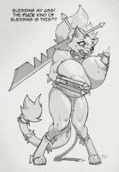big_breasts bottomwear breasts chains claws clothing collar diagamon felid feline female hair half_naked huge_breasts hyper hyper_breasts loincloth mammal melee_weapon nipples open_mouth ponytail solo sword tail text weapon