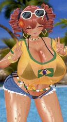 1female 1girl 1girls 3d blush brazilian_miku_(cosplay) closed_eyes cosplay curvy double_v eyes_closed female female_focus female_only huge_breasts kasane_teto necklace smile tan_body tan_skin thick_thighs vocaloid vrchat vrchat_avatar wide_hips