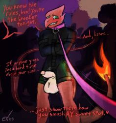 anthro balls big_balls charmeleon collar comfort empowering english_text erection exophile fur generation_1_pokemon genitals group helios_(drumiel7) hi_res humiliation implied_sex leash leashed_collar lizard male male/male nintendo party penis pokemon pokemon_(species) reptile restraints scalie shy small_penis solo standing straitjacket text
