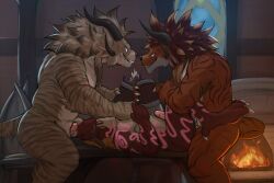 4_ears anal anal_sex anthro anthro_on_anthro anthro_penetrated anthro_penetrating anthro_penetrating_anthro beverage bodily_fluids charr claws cum cum_in_mouth cum_inside erection fangs felid fellatio fire fireplace fur genital_fluids genitals group group_sex guild_wars hair hi_res horn inside looking_at_another looking_pleasured lying male male/male male_penetrated male_penetrating male_penetrating_male mammal milo_goldenheart multi_ear multicolored_body muscular muscular_anthro muscular_male nude on_back oral oriont penetration penile penile_penetration penis sex standing striped_body striped_fur stripes tail teeth threesome trio two_tone_body