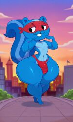 ai_generated big_hips big_thighs bulge city femboy flying_squirrel happy_tree_friends hero_mask kez-the-jetser male muscular outdoors panties red_mask red_panties sexy sexy_hips sexy_thighs sideass splendid_(htf) squirrel