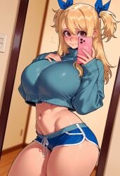 1girls ai_generated balecxi blonde_hair blue_shorts blue_sweater blush breasts brown_eyes cellphone closed_mouth clothing cowboy_shot crop_top crop_top_overhang curvaceous curvaceous_female curvaceous_figure curvy curvy_figure dolphin_shorts fairy_tail female female_focus flying_sweatdrops hair_between_eyes hair_ornament hair_ribbon hand_on_own_chest holding holding_phone huge_breasts indoors inviting inviting_to_sex large_breasts long_hair long_sleeves looking_at_viewer lucy_heartfilia micro_shorts midriff mirror navel phone presenting presenting_ass presenting_breasts presenting_hindquarters presenting_self reflection ribbon seductive seductive_look seductive_smile short_shorts shorts smartphone solo stomach sweater thick_thighs thighs turtleneck turtleneck_sweater twintails two_side_up voluptuous voluptuous_female wavy_mouth web_address