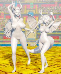 2024 2girls 3d 3d_(artwork) arena armpits arms_up asfr belly_button breasts brick_floor closed_eyes colosseum crossover defeat defeated defeated_heroine detailed_background different_breast_sizes different_poses dragon_girl dragon_horns dragon_tail dragon_wings earrings eyelashes female_only hair_bangs horns large_breasts long_hair mineralization miss_kobayashi's_dragon_maid naked naked_female nipples one_piece open_mouth petrification ponytail post-transformation public_nudity statue stone_body thick_thighs thighs tohru_(dragon_maid) wincing yamato_(one_piece)
