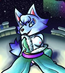 animal_crossing anthro blue_eyes blue_fur breasts fur furry kimono kimono_down kimono_open light_blue_fur night night_sky nintendo nintendo_switch nipple_slip pussy_peek qwertyjack seductive smile snow spread_legs white_fur whitney_(animal_crossing) winter