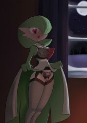 anthro areola biped black_clothing blush bra breasts clothed clothing clothing_lift crotchless_clothing crotchless_panties crotchless_underwear curtains_open dim_lighting ediblecrustables erect_nipples evergreen_tree female gardevoir garter_belt garter_straps generation_3_pokemon genitals green_body heart_pupils hi_res inside lace_bra lace_panties looking_down moon multicolored_body nintendo nipples one_eye_obstructed open_mouth panties pine_tree plant pokemon pokemon_(species) presenting presenting_vulva red_eyes snow solo standing translucent translucent_clothing tree two_tone_body underwear vulva white_body window winter