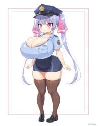 ai_generated big_breasts blue_hair cleavage costume huge_breasts narrow_shoulders pink_eyes police police_hat police_uniform policewoman riko_(shuz) short_skirt shortstack skindentation slim_waist solo thick_thighs thighhighs tight_clothing twintails wide_hips yodayo