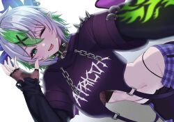 1girls :p belly_button big_breasts blush breasts collar crop_top eyelashes eyeshadow female fishnet_armwear fishnet_clothing fishnet_topwear fishnets froot goth goth_girl green_eyes green_hair hips hood hoodie horn_piercing horns indie_virtual_youtuber kuwahara_taiki layered_sleeves long_sleeves looking_at_viewer midriff multicolored_hair navel one_eye_closed open_fly open_mouth pale-skinned_female pale_skin pants pointy_ears purple_eyeshadow ripped_clothing ripped_sleeves selfie short_hair slim_waist solo spiked_collar stomach straps teeth thong thong_straps tomboy tongue tongue_out torn_clothes torn_sleeves underboob uneven_legwear virtual_youtuber vtuber waist wide_hips wings wink winking_at_viewer