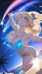 ai_generated armpits artist_name bangs bare_shoulders barefoot beach bikini blonde_hair blue_bikini blue_eyes blush breasts cleavage closed_mouth collarbone covered_nipples crown dutch_angle earrings female female_only hair_over_one_eye halterneck highleg_bikini huge_breasts jewelry jumping large_breasts lips long_hair looking_up mario_(series) navel night night_sky ocean outdoors outstretched_arms palm_tree patreon_logo patreon_username princess_rosalina rosalina sand shooting_star skindentation sky smile solo spread_arms star_(sky) star_(symbol) star_earrings starry_sky stomach strap_gap string_bikini super_mario_galaxy swimsuit thighs tree water watermark web_address wienergens