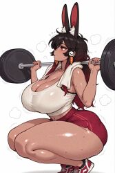 1girls ai_generated belladonna_ck black_hair brown_hair bunny_ears bunnyblasty carrot_earrings earrings kemonomimi latam_virtual_youtuber red_eyes red_hair simple_background skull_earrings steam steaming_body sweat sweatdrop sweating thick_thighs thighs training two-tone_hair vtuber weights working_out