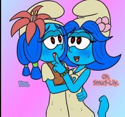 big_breasts blue_hair blue_skin finger_in_mouth finger_licking large_breasts pussy smurfblossom smurflily smurfs the_smurfs yuri