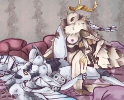 antennae_(anatomy) anthro arthropod bed blush breasts duo female female/female fluffy furniture genitals grinding hi_res holding_leg insects lepidopteran lying moth multi_limb nipples on_back pillow sex ssleepyflowers tribadism vaginal_penetration vulva wings