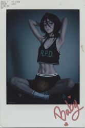 abs adorable armpits arms_behind_head artist_signature belly belly_button black_hair bleach bleach:_the_thousand-year_blood_war camera_view choker eyelashes female female_only female_torso hair_between_eyes highres hips hot kuchiki_rukia navel no_bra pants petite petite_body petite_breasts petite_female polaroid prixmal sexy sexy_armpits sexy_body sexy_female sexy_pose short_hair sitting sitting_on_floor small_breasts smile socks sport_shoes sportswear topwear