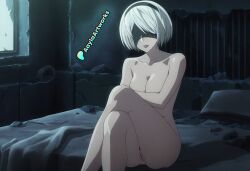 ai_generated android black_blindfold blindfold breasts crossed_legs female looking_at_viewer nier:_automata nude nude_female pussy sitting sitting_on_bed uncensored white_hair yorha_2b