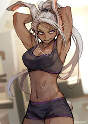 1girls abs animal_ears brown_hair bunny_ears bunny_girl dark-skinned_female dark_skin evil_smile eyelashes female female_only gym gym_uniform kadeart long_hair miruko my_hero_academia naughty_face red_eyes rumi_usagiyama solo sweat tying_hair white_hair