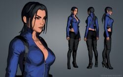 3d ass black_hair breasts cleavage_cutout fear_effect female hana_tsu-vachel high_heel_boots litoperezito long_hair solo_female tied_hair
