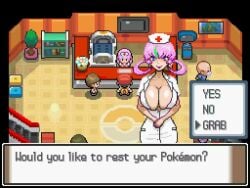 1girls animated big_breasts bouncing_breasts breast cleavage dialogue disembodied_hand english_text game_ui grabbing_breast groping_breast no_audio no_sound nurse_cap nurse_joy nurse_uniform pink-haired_female pink_hair pink_hair_female pixel_animation pixel_art pokemon tagme text text_box turtle_sausage video