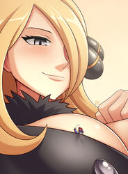 1boy 1girls blonde blonde_female blonde_hair blush breasts cleavage clothed colored cynthia_(pokemon) extreme_micro game_freak giantess larger_female long_hair looking_at_another lucas_(pokemon) macro_female micro micro_abuse micro_in_shirt micro_male micro_on_breasts micro_on_macro miniboy pokémon pokemon pokemon_champion pokemon_dppt size_difference size_play smaller_male smile thunderafterdark