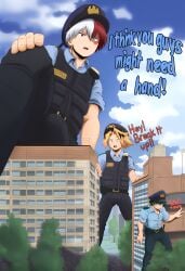 2026 ai_assisted ai_generated annoyed annoyed_expression anxious between_buildings blue_jacket building bulge bulge_outline bulge_through_clothing bulge_under_clothes bulletproof_vest city city_background cityscape crowd crowded denki_kaminari dialog dialogue elmyr frustrated giant giant_male giants hand_against_wall hand_on_knee izuku_midoriya macrophilia male male_only multiple_males my_hero_academia novelai photopea_program police police_officer police_uniform raised_leg shouto_todoroki sidewalk size_difference size_tiering speaking tight_pants tiny_people tree trees