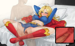 bed bedroom blonde_hair boots cape censored clothed_sex crop_top erect_nipples gijun hands_behind_head legs_spread long_hair miniskirt panties_aside penetration penis penis_in_pussy pillow pleasure_face pussy see-through_male sex supergirl_(cosplay) x-ray