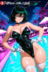 ai_generated anime anime_style black_bunny_suit black_leotard blush breasts bunny_ears bunny_girl choker cleavage collar detached_collar fake_animal_ears female fubuki_(one-punch_man) gloves green_eyes green_hair huge_breasts long_hair looking_at_viewer nbai_art night nipples palm_tree pool poolside purple_neon_lights short_hair smile solo strapless strapless_leotard sweat thighhighs wet white_gloves