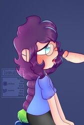 blowjob blue_green_eyes blush blush braid braided_hair clothed cum cum_drip cum_dripping_from_penis cum_in_mouth fnafhs fnafhs_z3ro glasses male on_knees owynn_(fnafhs) penis purple_green_hair submissive submissive_male submissive_villain teen teenager tongue tongue_out villain