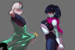 3:2 anthro armor blush bodily_fluids breasts clothing deltarune duo erection erection_under_clothing eyewear female glasses gloves hands_behind_back hands_behind_neck handwear hi_res human kris_(deltarune) kris_female_(deltarune) kristhianquint4 looking_at_breasts male mammal obscured_eyes ralsei robe sweat sweatdrop undertale_(series)
