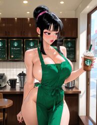 ai_generated apron bangs bare black blunt blush board breasts bun cafe chi-chi_(dragon_ball) cleavage coffee cup curvy disposable earrings eyes eyeshadow female green hair hips holding indoors jewelry large lips lipstick looking makeup menu nail naked polish red shoulders side sidelocks solo sweat the thighs to wide