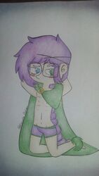 blue_green_eyes blush cape coat evil fnafhs fnafhs_z3ro long_braid long_hair_male owynn_(fnafhs) purple_green_hair purple_hair shirtless teenager villain