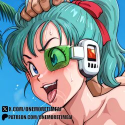 ai_generated big_ass big_breasts blue_eyes blue_hair bulma_briefs curvy_figure dragon_ball master_roshi pulling_hair scouter sex_from_behind tinted_eyewear