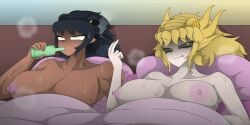 2girls after_sex awake_(artist) big_breasts bite_mark bottle drinking ghidorah_(species) godzilla_(series) king_ghidorah kiss_mark lipstick_mark monster_girl nipples nude smoking