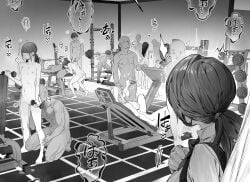5girls 6+boys bald barbell bench_press blunt_bangs blush commentary completely_nude cunnilingus dumbbell exercising face_in_ass fellatio fitness_gym greyscale group_sex hair_bun handjob highres holding holding_dumbbell kein_v kneeling leg_press_machine lying mask monochrome mouth_mask multiple_boys multiple_girls multitasking navel nipples nude on_back oral orgy original penis ponytail sexual_exercising squat_(exercise) untranslatable_commentary weight_bench weightlifting weights