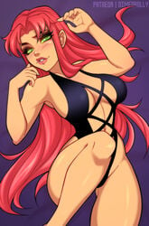 1girls alien blush breasts cleavage dc dc_comics dimedrolly female female_only green_eyes lipstick long_hair looking_at_viewer medium_breasts on_back orange_skin red_hair solo starfire tamaranean teen_titans voluptuous