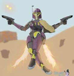 armour big_breasts breasts d34h female female_only gun helmet jetpack mandalorian obscured_face skin_tight skintight star_wars text weapon