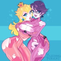 2girls ass bayonetta bayonetta_(character) bayonetta_2 big_ass black_hair bleedingpervert blonde_hair blue_background blue_eyes bodysuit breasts clothing crossover earrings female female_only heart holding lips lipstick long_hair looking_at_viewer mario_(series) multiple_girls nintendo nipples pink_bodysuit princess_peach pubic_hair purple_bodysuit sega short_hair simple_background skin_tight standing super_smash_bros. yuri zero_suit