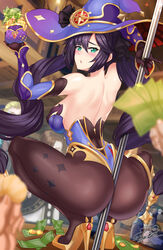 absurdres ass back bangs bare_shoulders between_buttocks black_hair black_legwear breasts female fully_clothed genshin_impact green_eyes hat high_heels huge_ass leotard long_hair looking_at_viewer looking_back mage medium_breasts mona_(genshin_impact) money nez-box open_mouth pantyhose pole pole_between_ass pole_dancing purple_headwear purple_leotard simple_background squatting stripper_pole thighs twintails very_long_hair white_background witch_hat