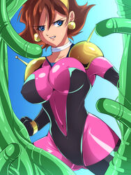 1girls 2020 big_breasts bodysuit breasts brown_hair curvaceous female female_focus female_only forced g_gundam gundam human large_breasts light-skinned_female light_skin mobile_trace_suit pilot_suit rain_mikamura riff_(artist) short_brown_hair short_hair skin_tight tagme tentacle thick_thighs wide_hips