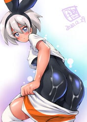 ass bangs bea_(pokemon) blush bodysuit bow_hairband breasts cameltoe covered_nipples crop_top cum cum_on_ass cum_on_clothes dark-skinned_female dark_skin dated eyebrows_visible_through_hair female grey_eyes gym_leader hairband kamogawa_tanuki knee_pads looking_at_viewer looking_back medium_breasts nintendo pokemon pokemon_ss short_hair short_sleeves shorts shorts_pull signature silver_hair skin_tight solo undressing