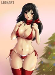 1girls artist_signature asuka_(senran_kagura) big_breasts bikini black_hair blush christmas_outfit christmas_tree eye_contact female large_breasts leonart long_hair looking_at_viewer micro_bikini scarf senran_kagura senran_kagura_(series) solo standing text thick_thighs thighhighs thighs