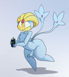 5_fingers :3 anthro anthrofied ass beverage big_butt blue_body blue_skin can energy_drink femboy fingers genitals girly hi_res iguanasarecool legendary_pokémon male male_only monster_energy nintendo penis pokémon_(species) pokemon simple_background solo thick_thighs uxie video_games wide_hips yellow_eyes