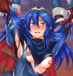 1girls armpits blue_eyes blue_hair blush breasts breasts_out censored exposed_breasts fire_emblem fire_emblem_awakening gangbang gangrape hairjob hanemikakko long_hair lucina_(fire_emblem) medium_breasts nintendo nipples rape restrained small_breasts sunset sweat sweatdrop symbol-shaped_pupils tiara torn_clothes