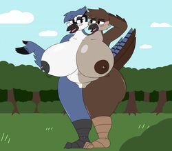 anthro avian bird blue_jay breasts cloud conjoined corvid day duo female genitals jay_(bird) mordecai_(regular_show) new_world_jay oscine passerine pilot129 plant pussy regular_show rigby_(regular_show) sky sparrow sparrow_(bird) tree