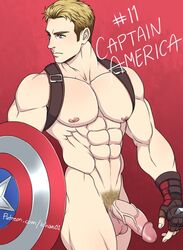 1boy abs balls biceps big_penis blonde_hair blonde_pubic_hair blue_eyes captain_america captain_america's_shield captain_america_(series) gloves huge_cock human human_only ichan male male_only marvel military muscular muscular_male nude pecs penis pubic_hair shield solo solo_male steve_rogers testicles thick_thighs veiny_penis