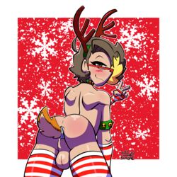 1boy 2020 artist_name artist_signature ass backsack balls blush buttplug christmas collar femboy glasses kai_(kaijusundae) kaijusundae large_filesize male male_only naked_thighhighs presenting presenting_hindquarters reindeer_antlers smile striped_legwear striped_thighhighs tail_plug testicles thighhighs two_tone_hair v