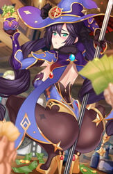 absurdres ass back bangs bare_shoulders between_buttocks black_hair black_legwear breasts cape female fully_clothed genshin_impact green_eyes hat high_heels huge_ass leotard long_hair looking_at_viewer looking_back mage medium_breasts mona_(genshin_impact) money nez-box open_mouth pantyhose pole pole_between_ass pole_dancing purple_headwear purple_leotard simple_background squatting stripper_pole thighs twintails very_long_hair white_background witch_hat